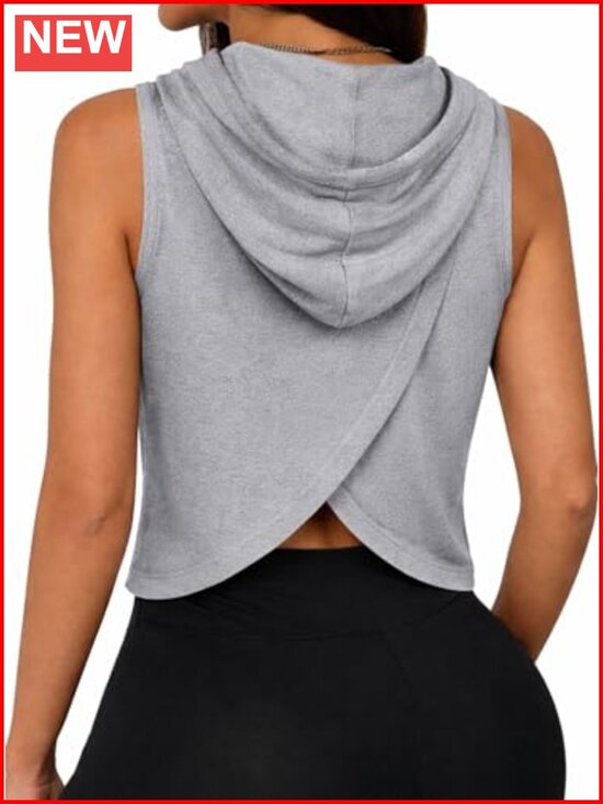 Tops - Open Back Sleeveless Hoodie Cropped Workout Tank Top Polyester Elastane
